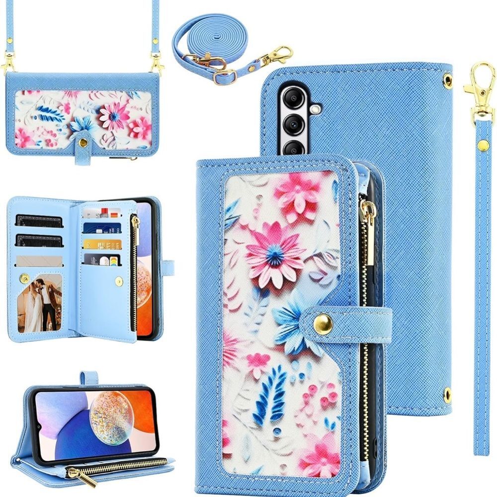 Samsung Galaxy A14 M14 5G Wallet Case Floral Wristlet Blue Card Holder Phone FC8